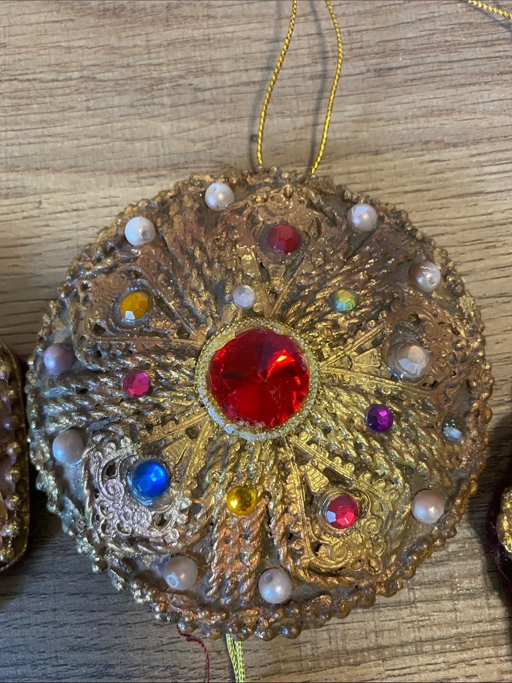 Victorian Style Embellished Gold Filigree Beaded Hanging Ornaments Set of 4
